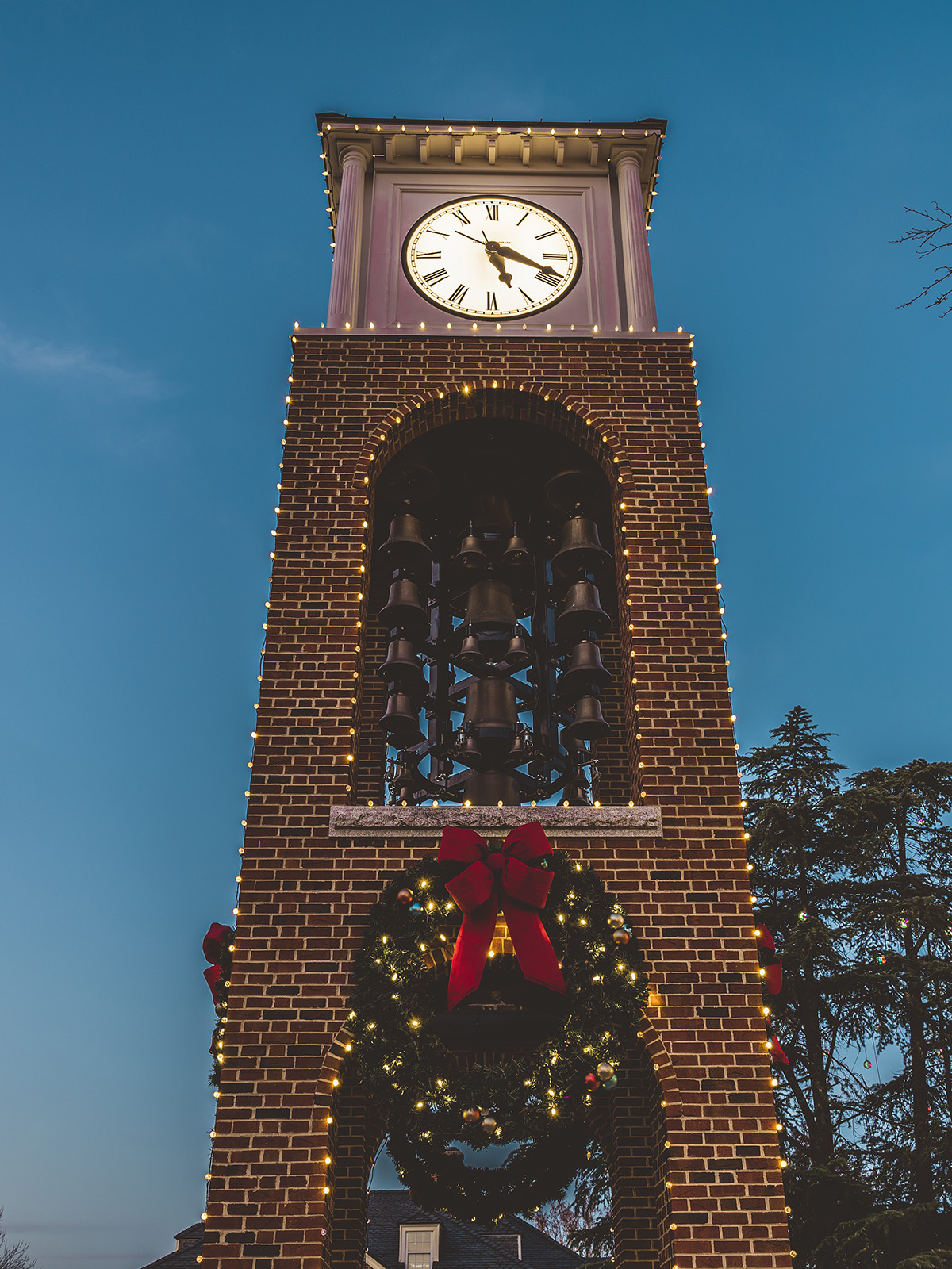 UNCG bell tower decorated for Christmas.