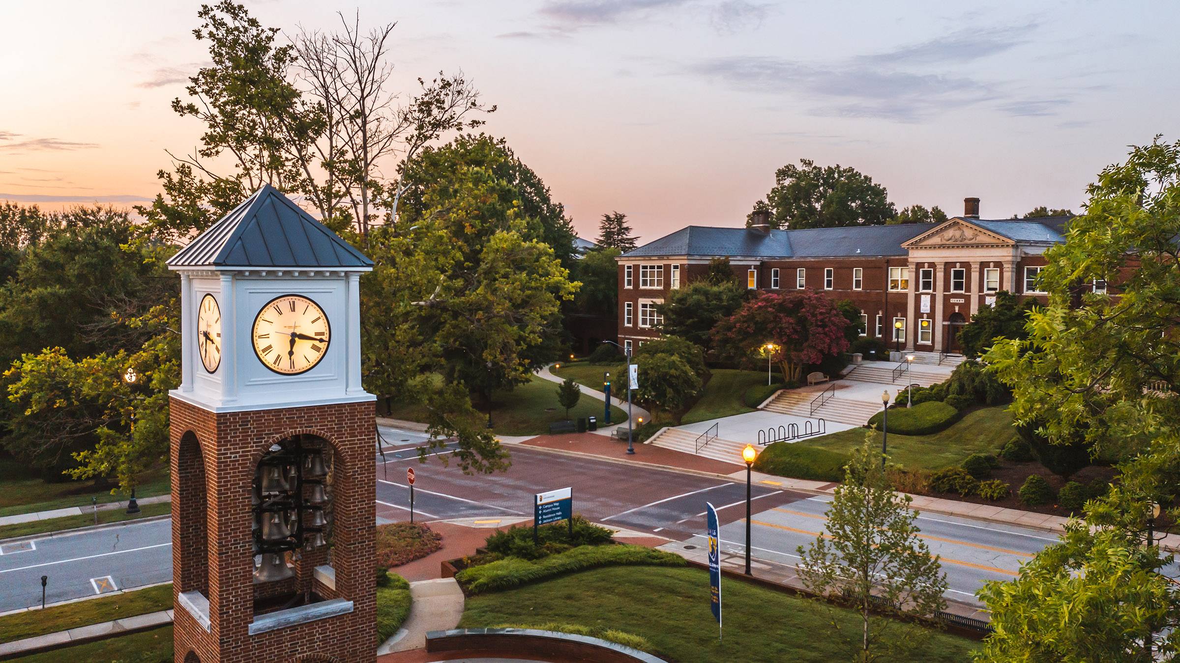 Aerial view of the UNCG bell tower and the Curry Building.