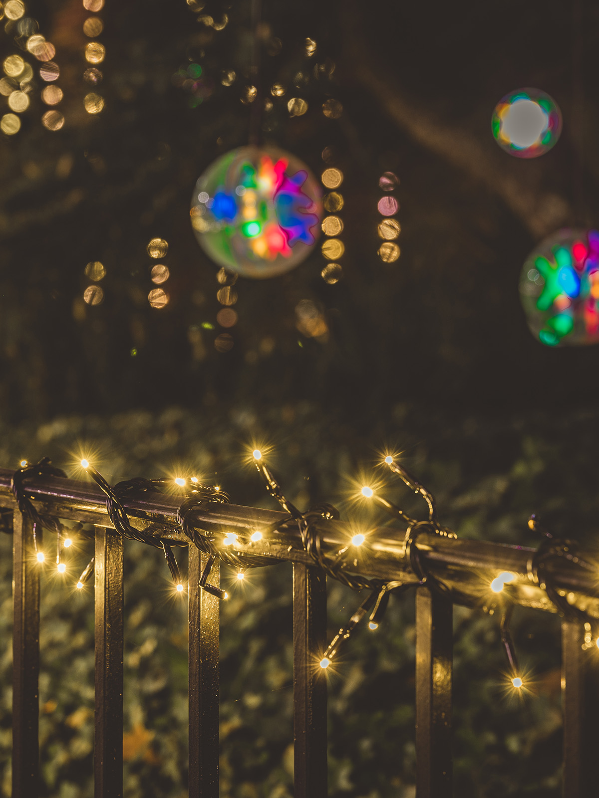 photos taken around the Alumni House and Bell Clock Tower during the evening with holiday decorations and lights lit up.